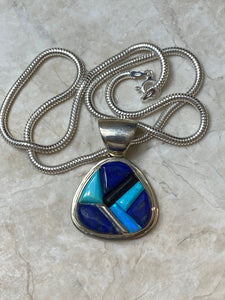 Navajo Lapis, Turquoise, Blue Opal & Sterling Pendant
