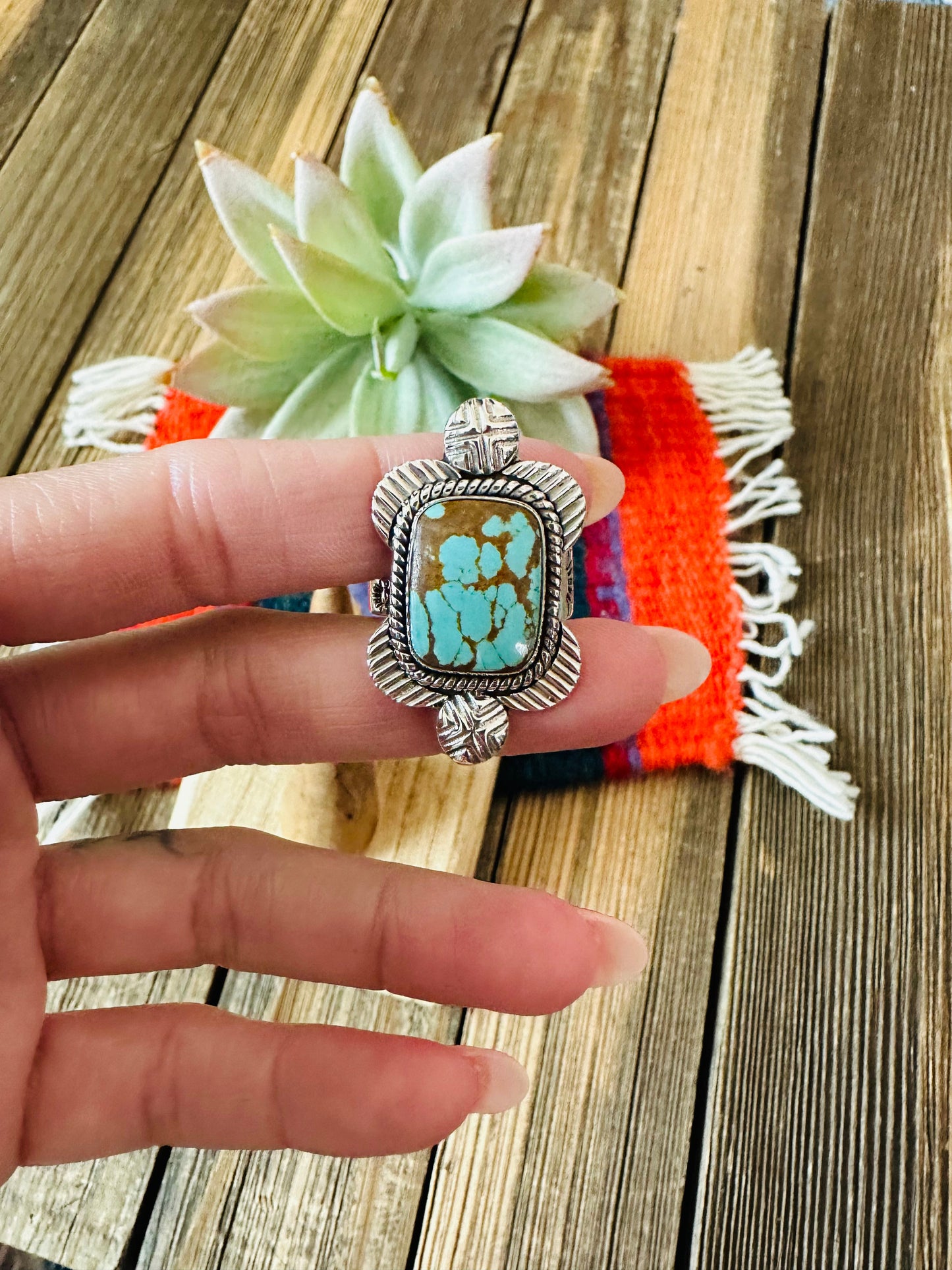 Handmade Sterling Silver & Number 8 Turquoise Adjustable Ring