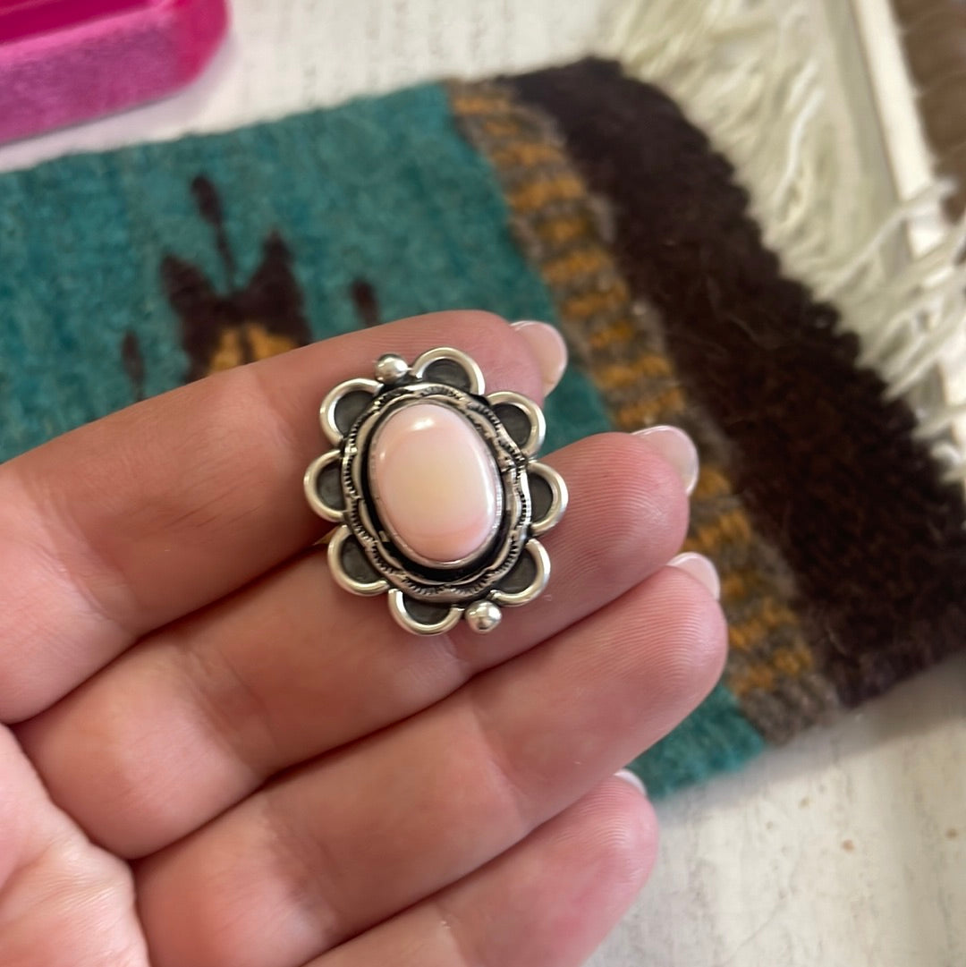 Gorgeous Navajo Pink Peruvian Opal And Sterling Silver Adjustable Ring Signed