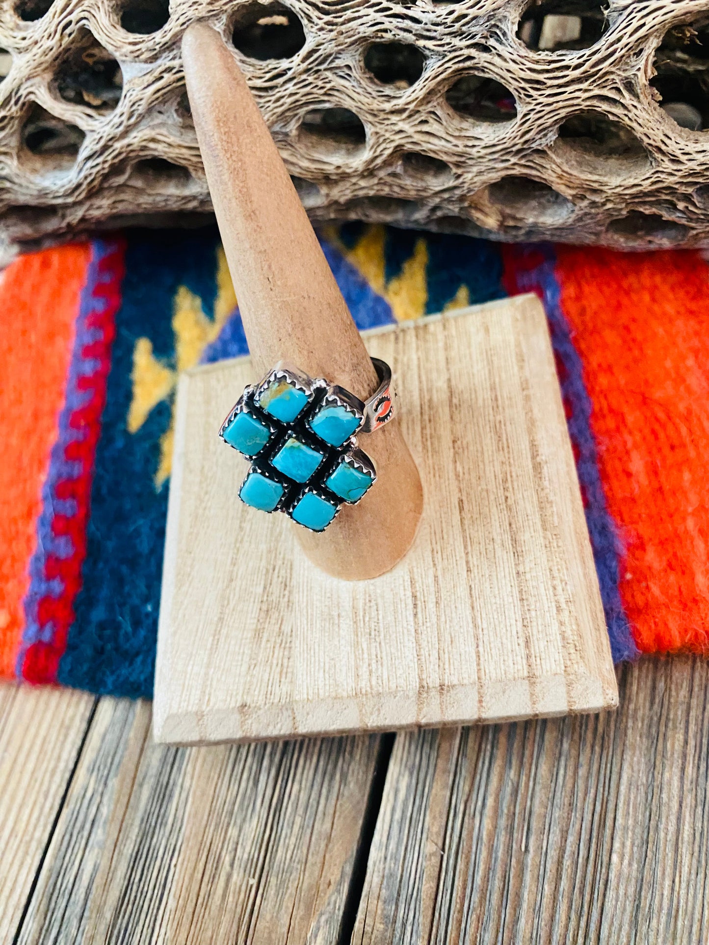 Handmade Sterling Silver & Turquoise Cluster Adjustable Ring