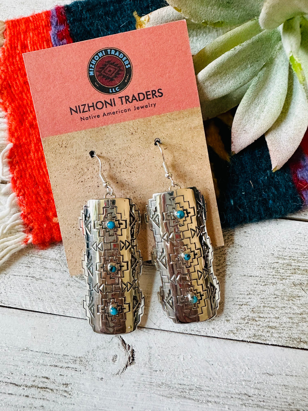 Navajo Hand Stamped Sterling Silver & Turquoise Dangle Earrings
