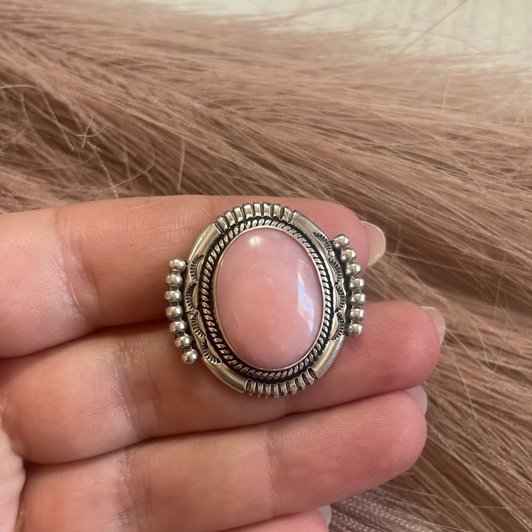 Gorgeous Navajo Pink Peruvian Opal And Sterling Silver Adjustable Ring