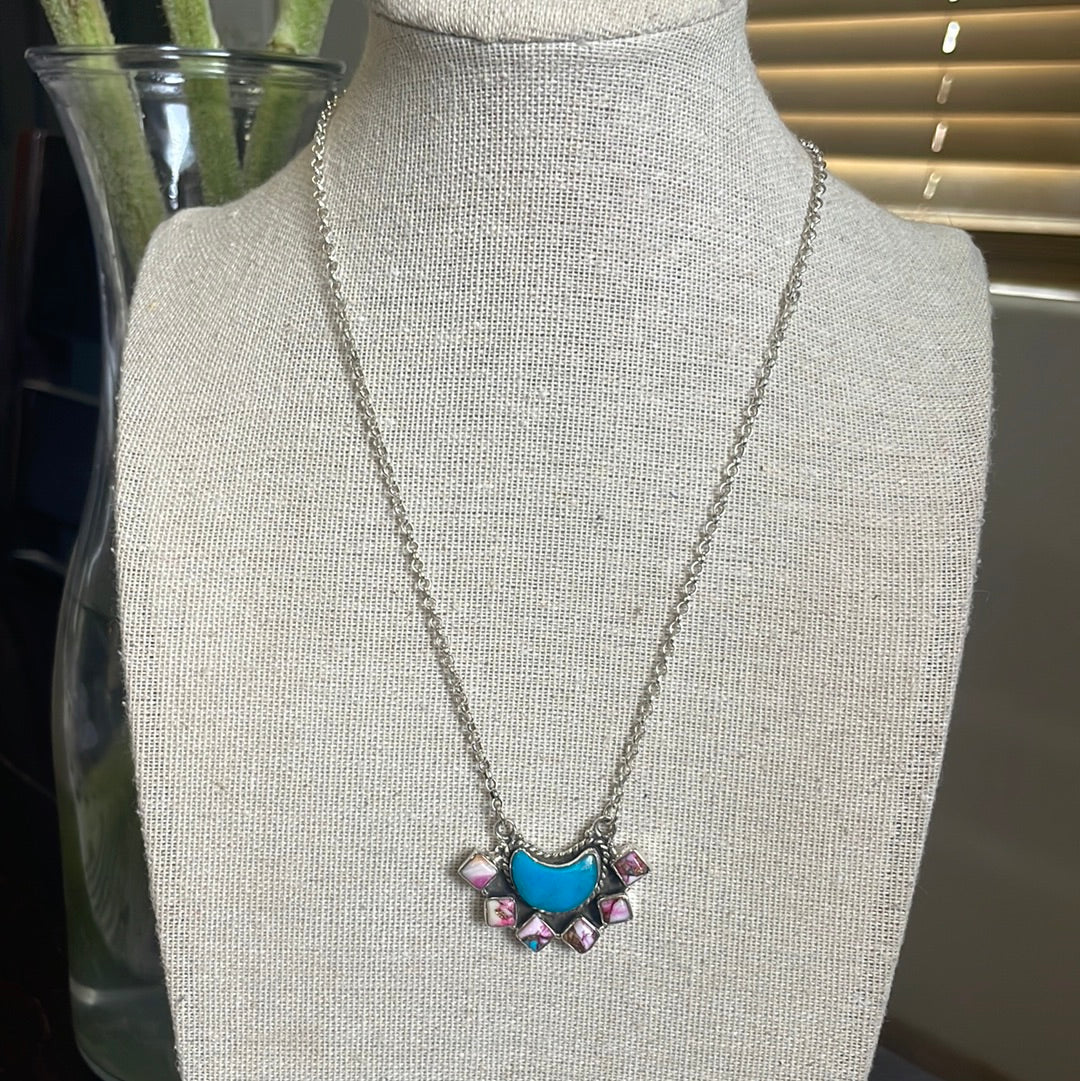 Handmade Sterling Silver, Purple Dream & Turquoise Moon Necklace Signed Nizhoni