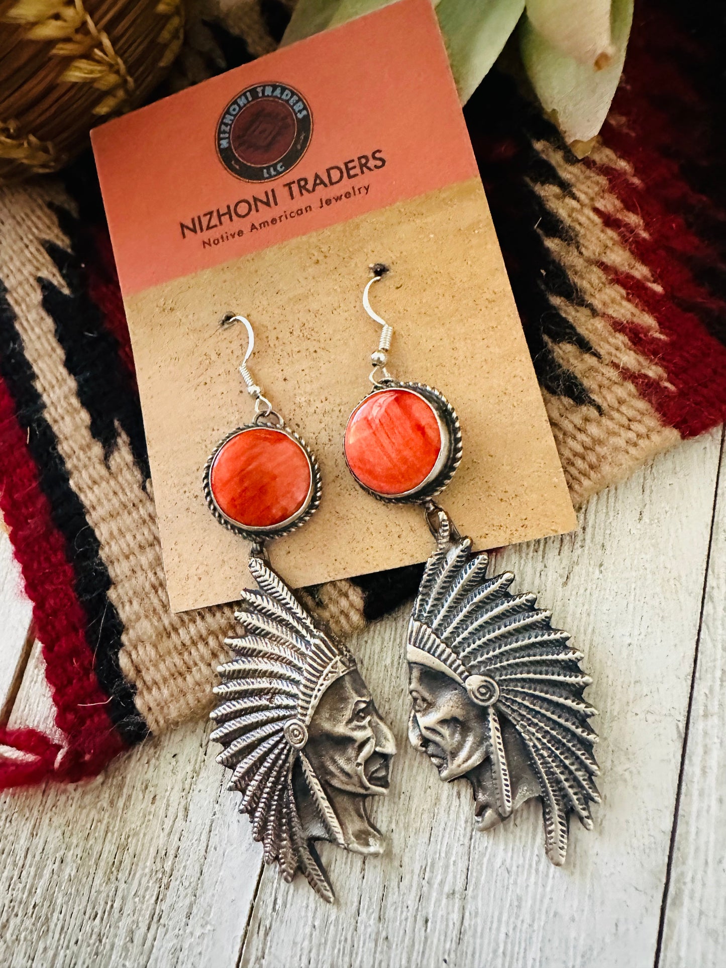 Navajo Spiny & Sterling Silver Indian Head Dangle Earrings