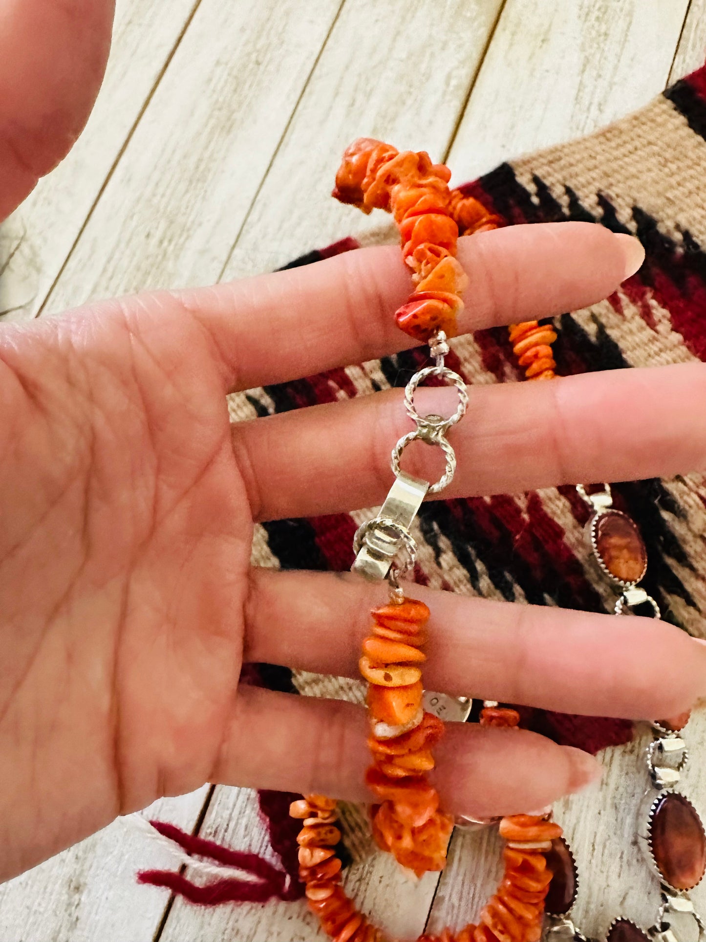 Navajo Sterling Silver & Orange Spiny Beaded Naja Necklace