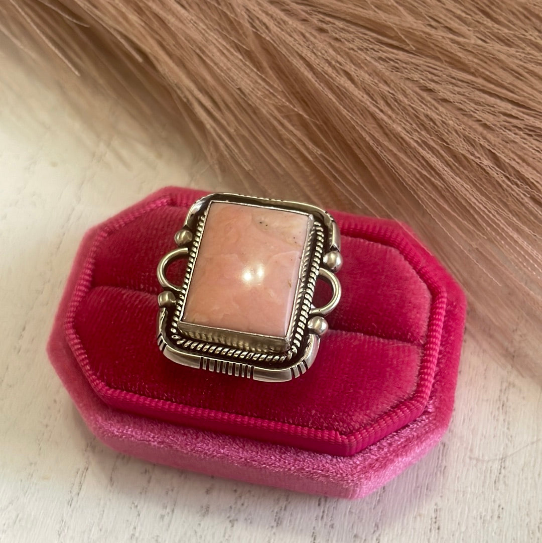 Gorgeous Navajo Pink Peruvian Opal And Sterling Silver Adjustable Ring
