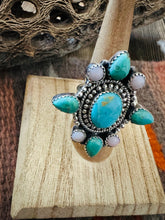 Load image into Gallery viewer, Handmade Sterling Silver, Pink Conch &amp; Turquoise Cluster Adjustable Ring