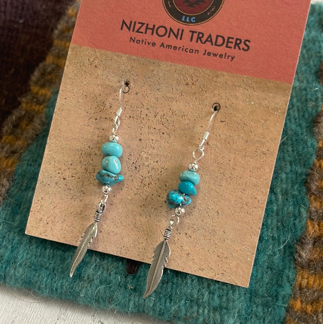 Navajo Sterling Silver & Turquoise Feather Dangle Earrings