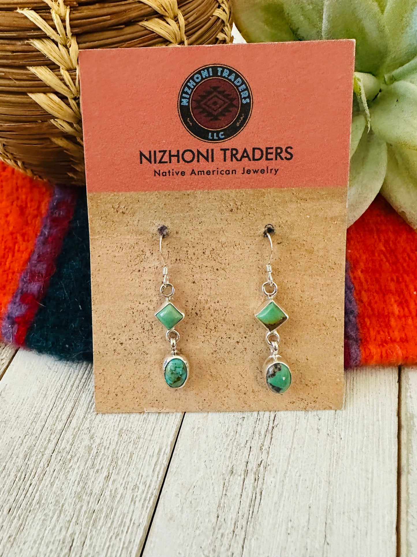 Navajo Turquoise & Sterling Silver Two Stone Dangle Earrings