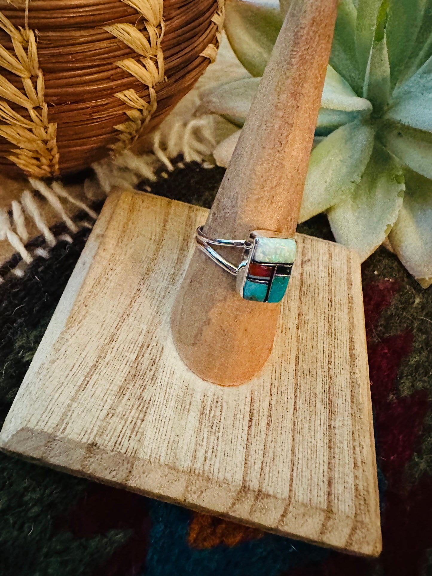 Navajo Sterling Silver & Multi Stone Inlay Ring Size 7.5