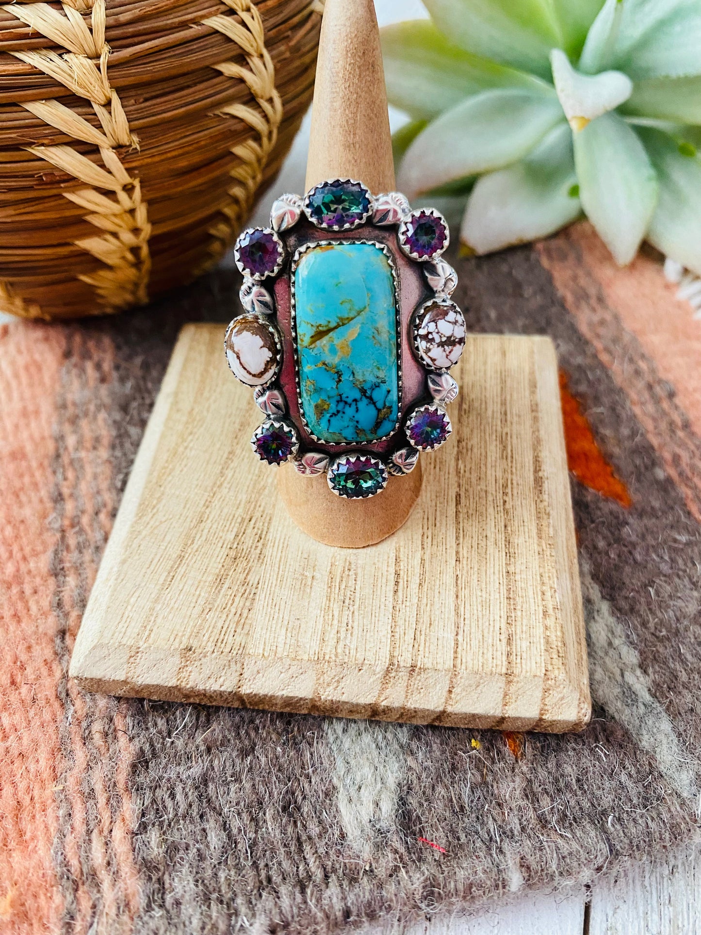Handmade Sterling Silver & Multi Stone Cluster Adjustable Ring