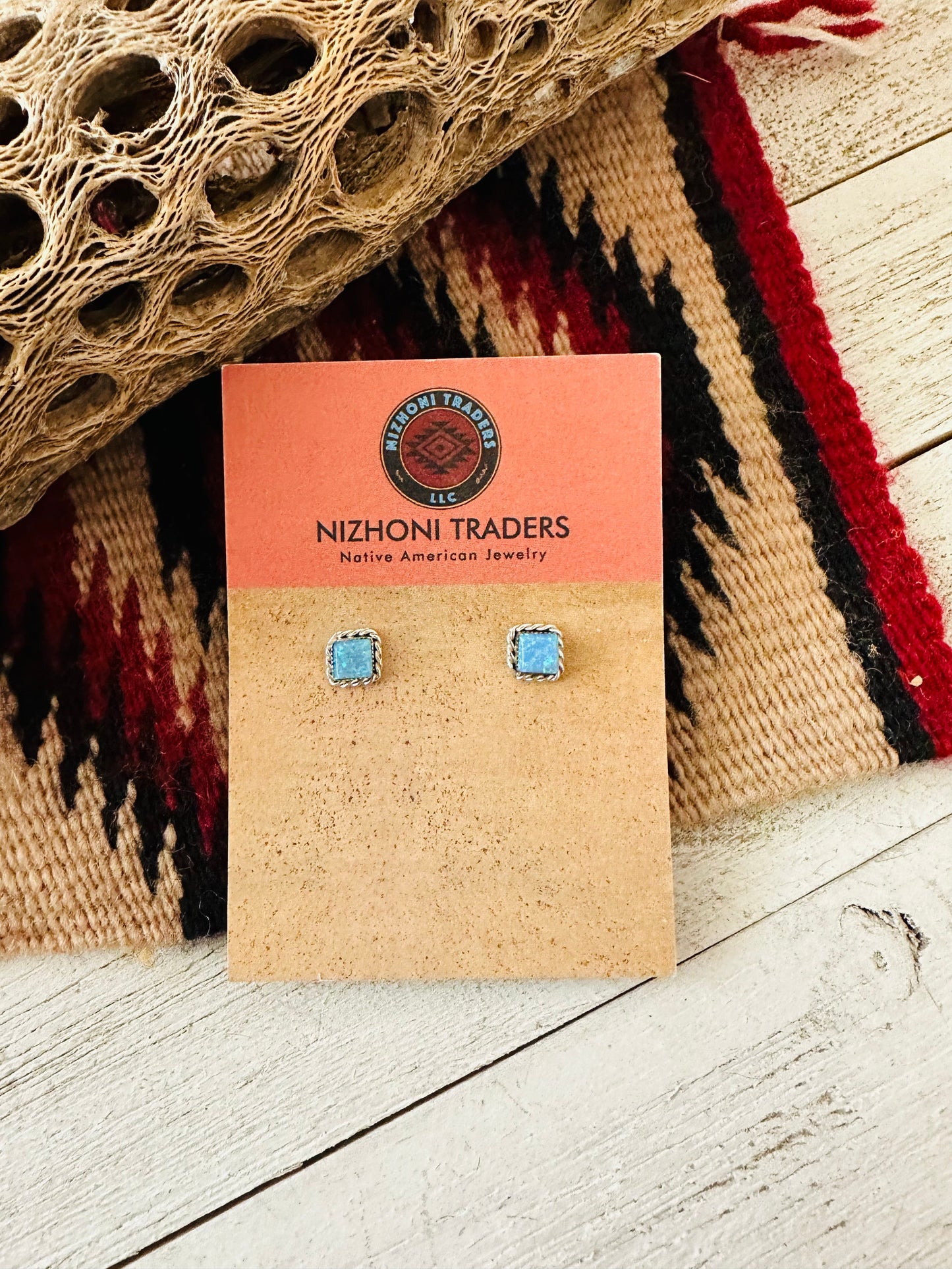 Zuni Blue Opal & Sterling Silver Square Stud Earrings