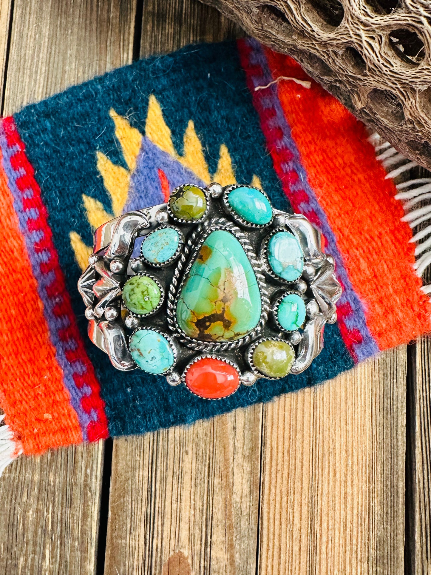 Navajo Old Pawn Turquoise, Coral & Sterling Silver Cuff Bracelet