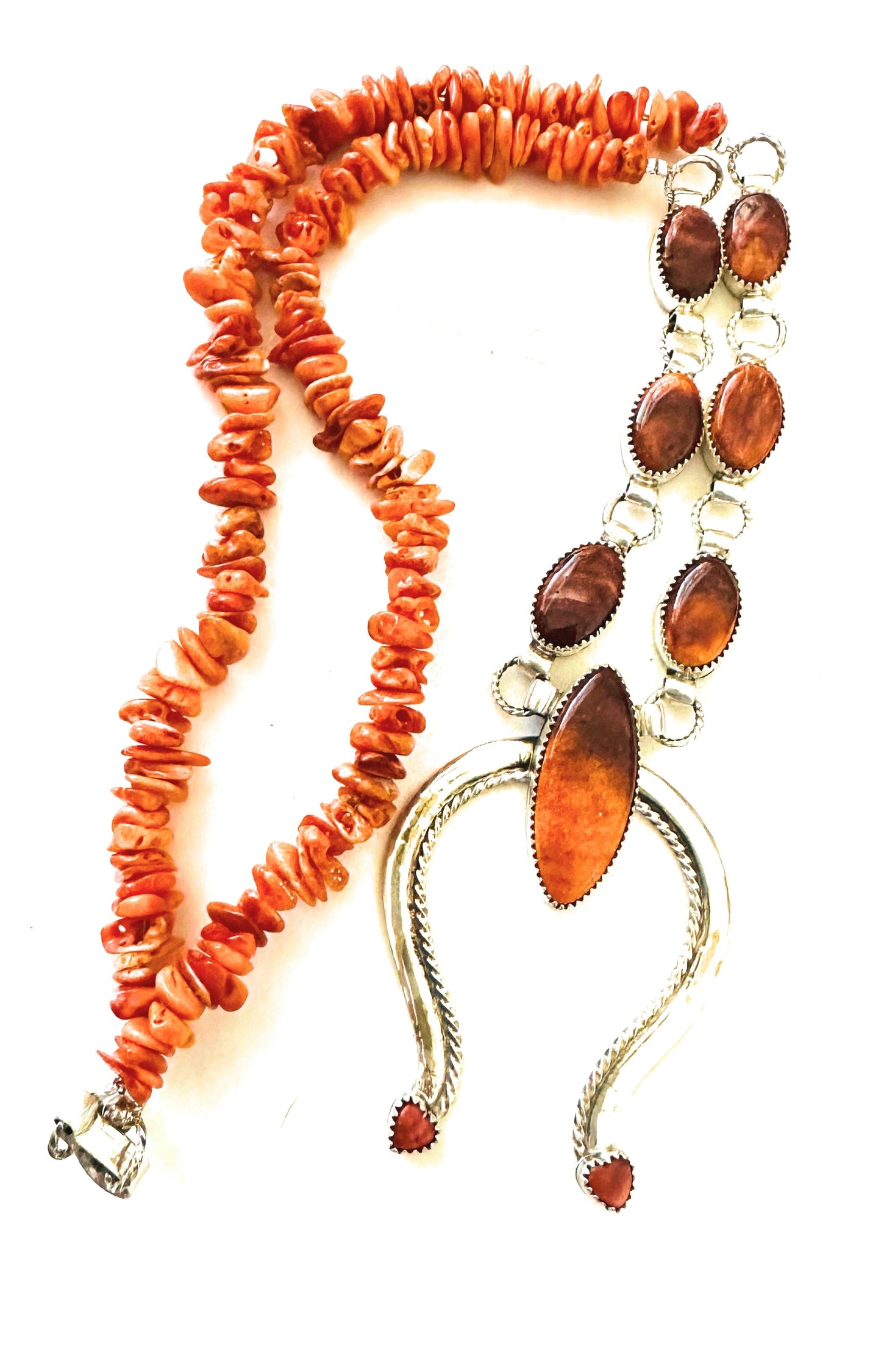 Navajo Sterling Silver & Orange Spiny Beaded Naja Necklace