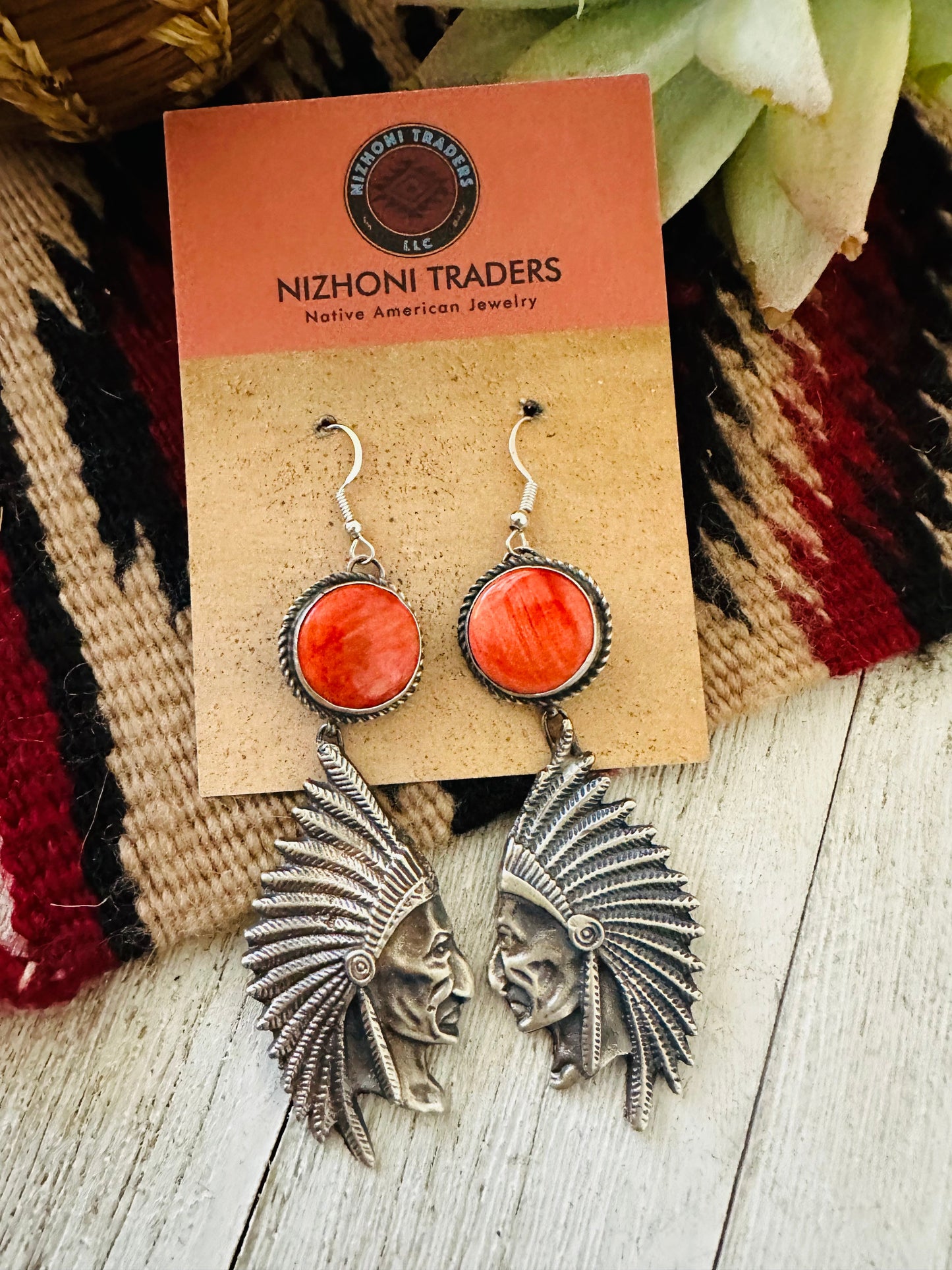 Navajo Spiny & Sterling Silver Indian Head Dangle Earrings