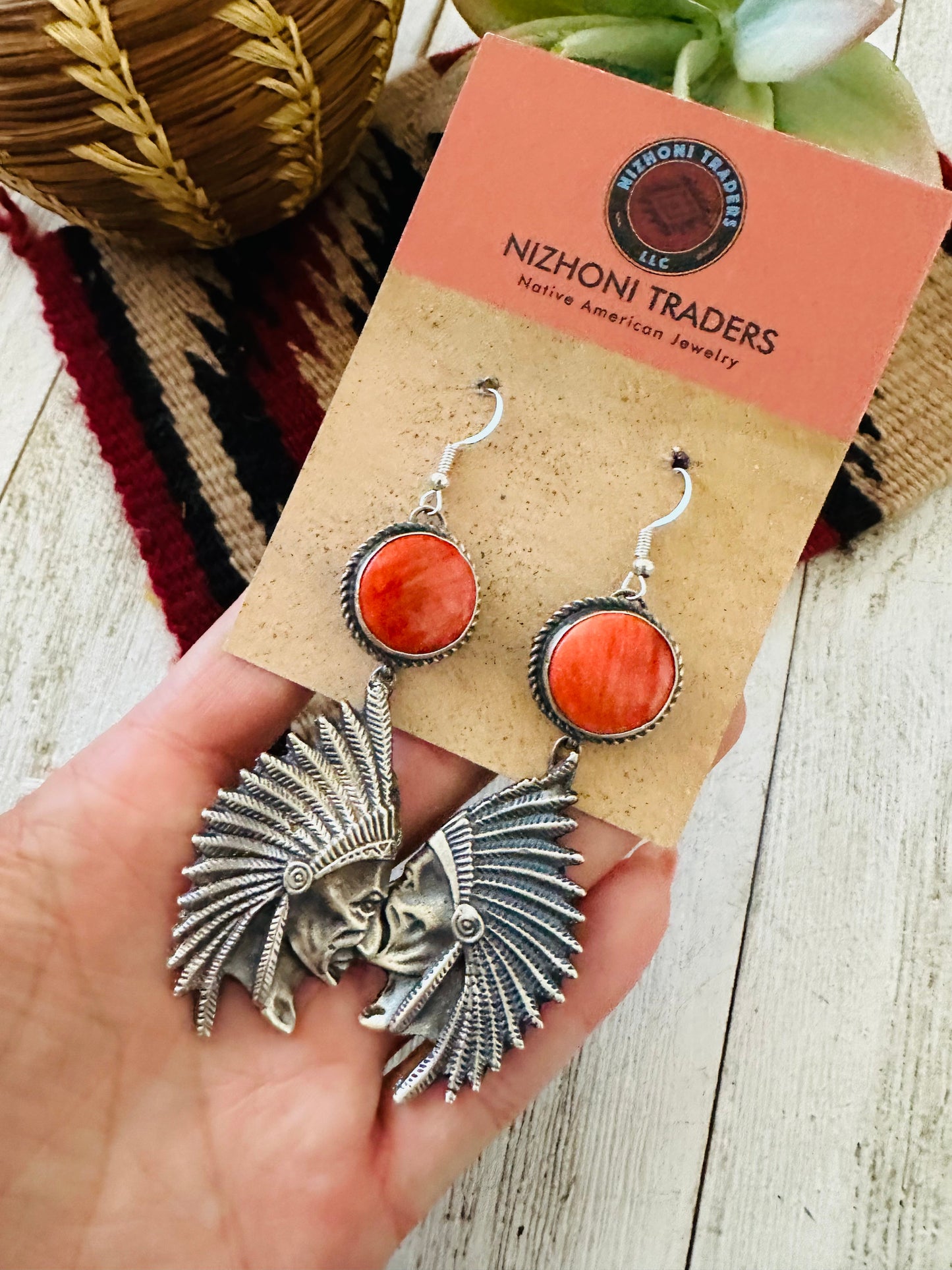 Navajo Spiny & Sterling Silver Indian Head Dangle Earrings