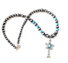Load image into Gallery viewer, Sterling Silver Navajo Pearl &amp; Turquoise Beaded Cross Necklace