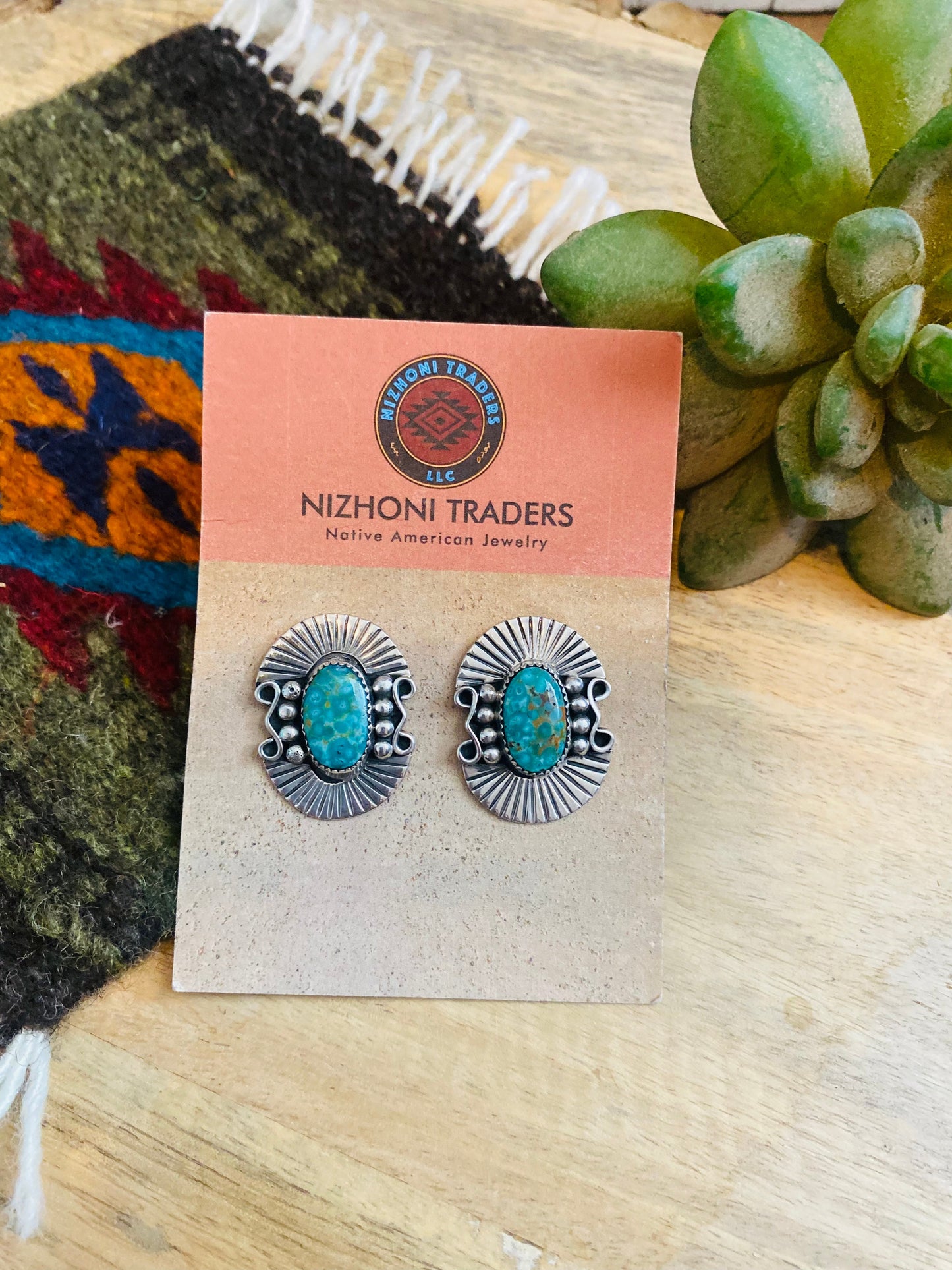 Navajo Sterling Silver & Royston Turquoise Post Earrings Signed