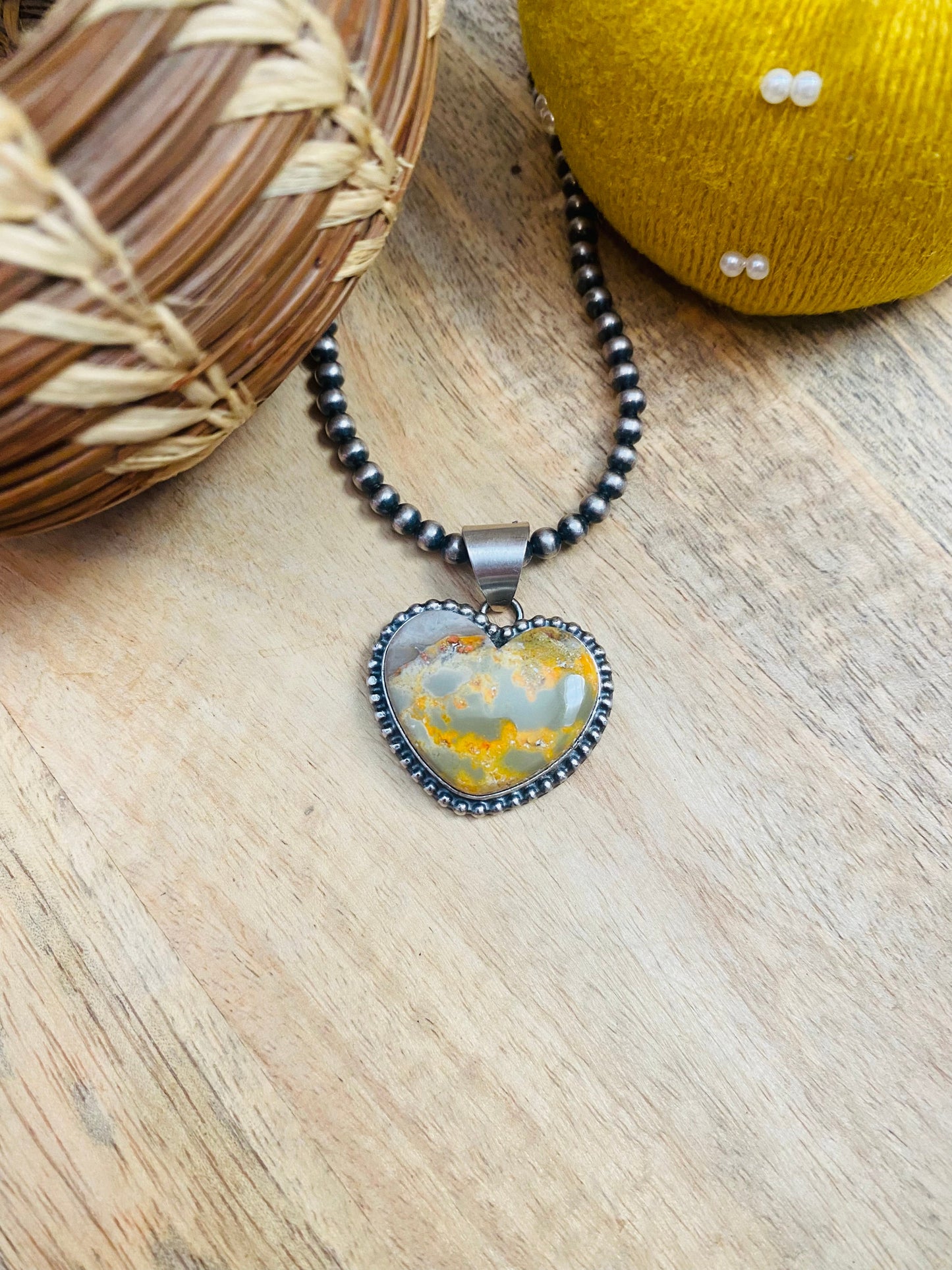 Navajo Bumblebee & Sterling Silver Heart Pendant Signed