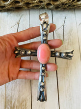 Load image into Gallery viewer, Navajo Queen Pink Conch Shell &amp; Sterling Silver Cross Pendant By Chimney Butte