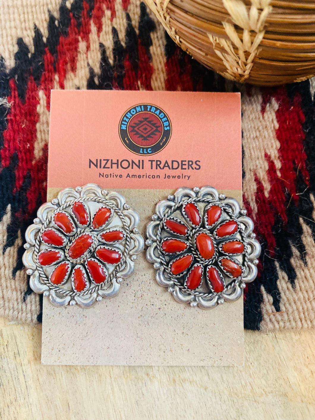 Vintage Navajo Sterling Silver & Coral Cluster Post Earrings Signed