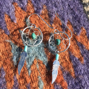 Navajo Sterling Silver  Turquoise Dream Catcher, Dangle Earrings