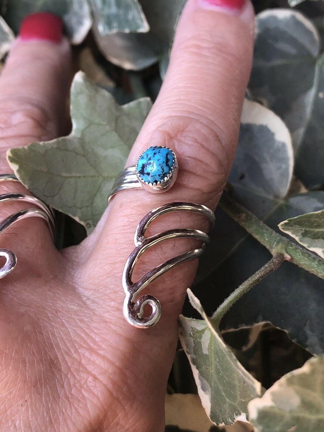 Navajo Turquoise Sterling Silver Adjustable Wave Ring