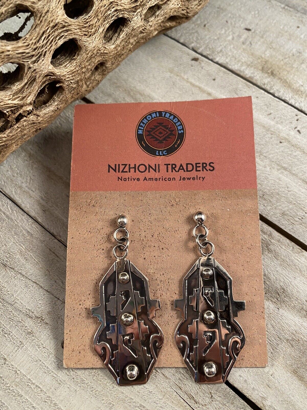 Navajo Hand Stamped Sterling Silver Dangle Earrings Signed