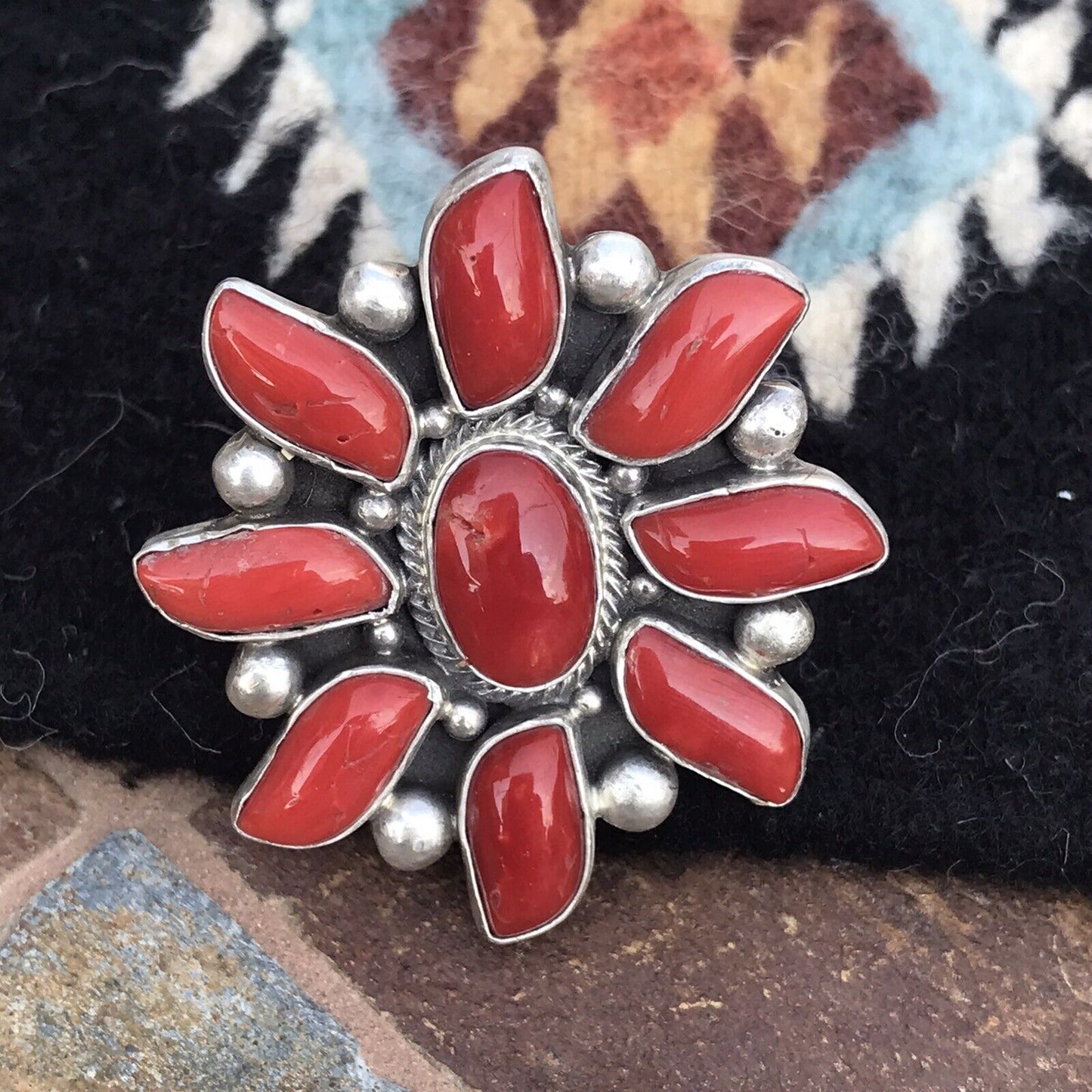 Navajo Sterling Silver Natural Red Coral Cluster Ring Lorenzo James