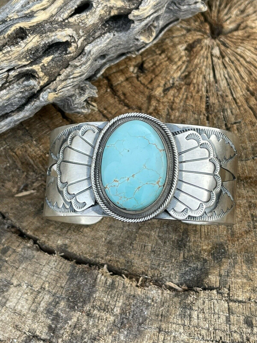 Incredible Navajo Dry Creek Turquoise And Sterling Star Silver Cuff Signed