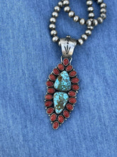 Load image into Gallery viewer, Navajo Sterling 2 Stone Kingman Web Turquoise &amp; Red Coral Taos Pendant