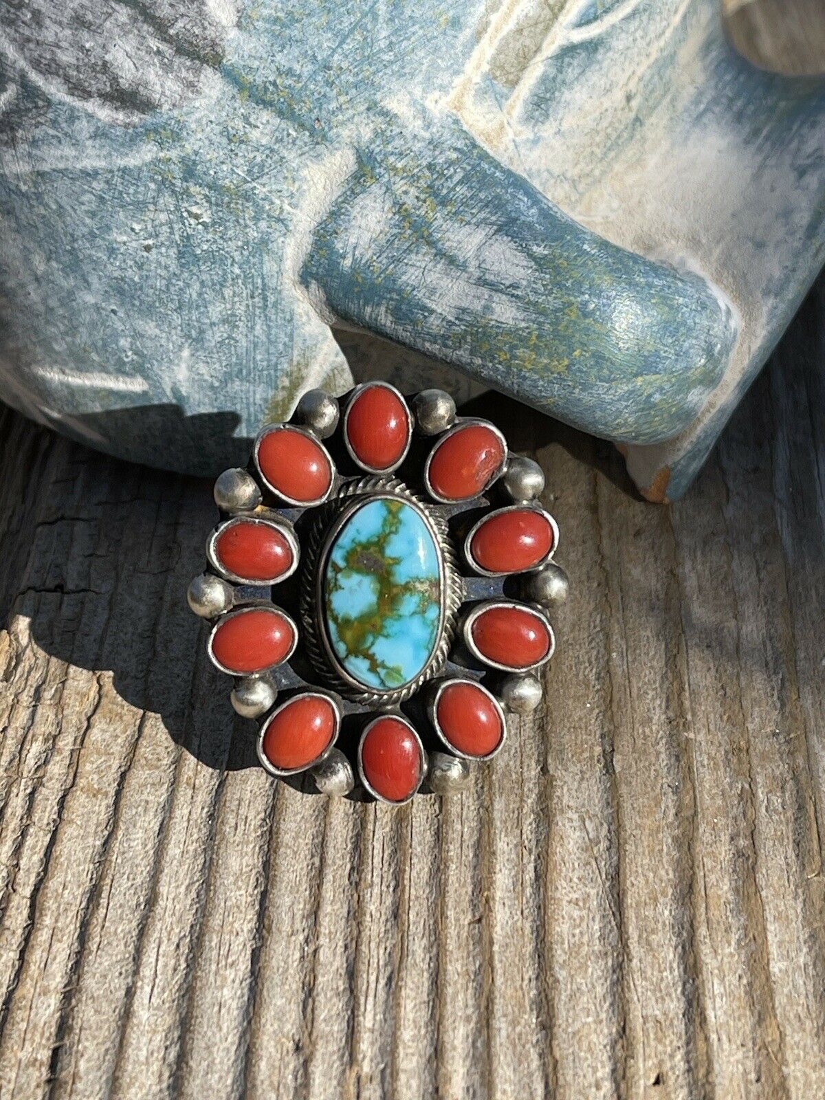 Navajo Sterling Silver Kingman Web Turquoise & Red Coral Taos Ring Sz 7