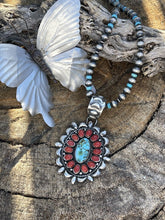 Load image into Gallery viewer, Navajo Sterling Kingman Web Turquoise &amp; Red Coral Taos Ornate Pendant D. Clark
