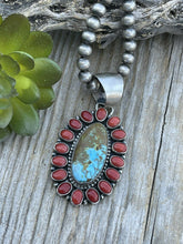 Load image into Gallery viewer, Navajo Sterling Silver Kingman Web Turquoise &amp; Red Coral Taos Cluster Pendant