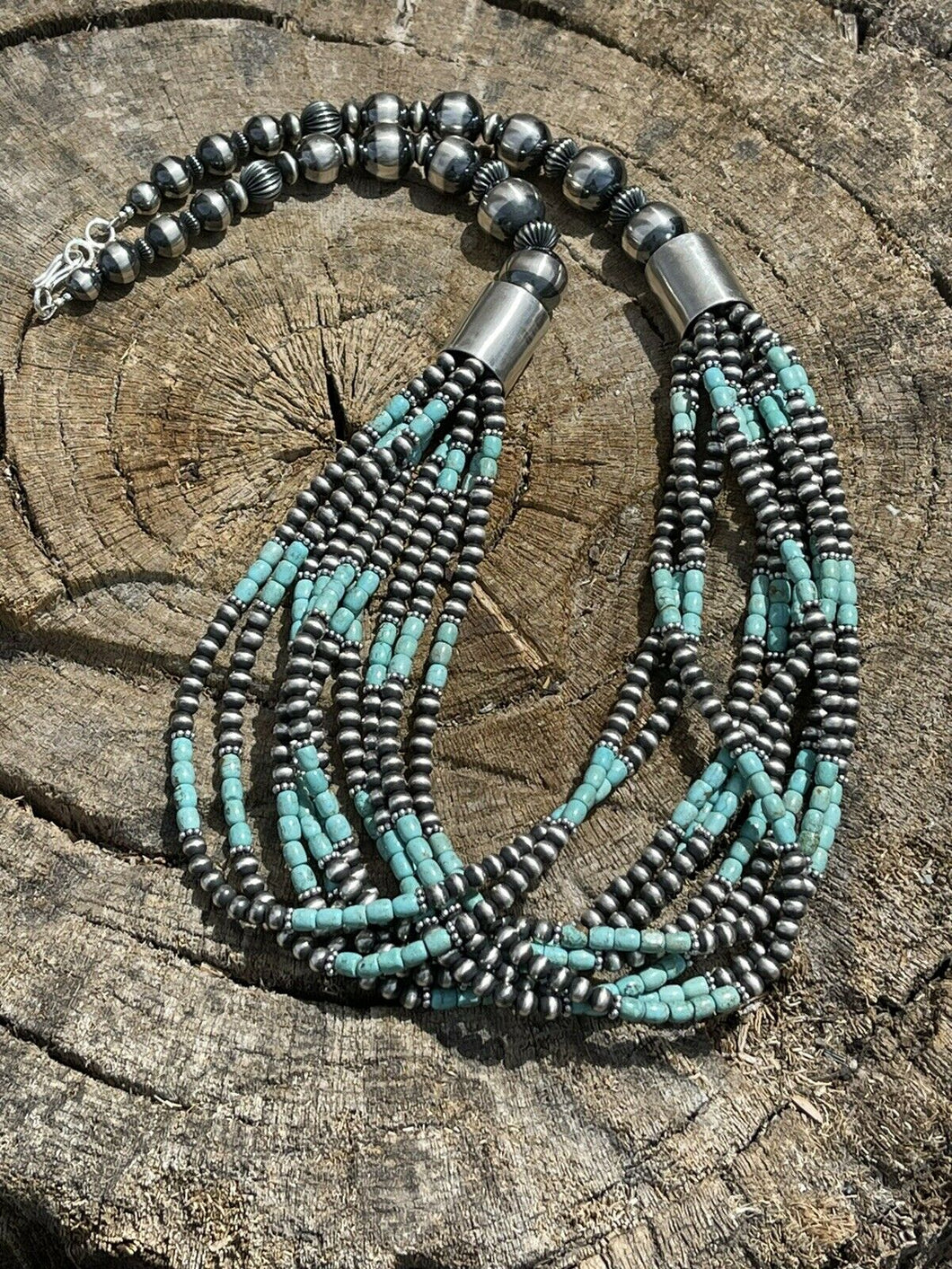 Navajo Sterling Silver & Number 8 Turquoise Beaded 10 Strand Necklace