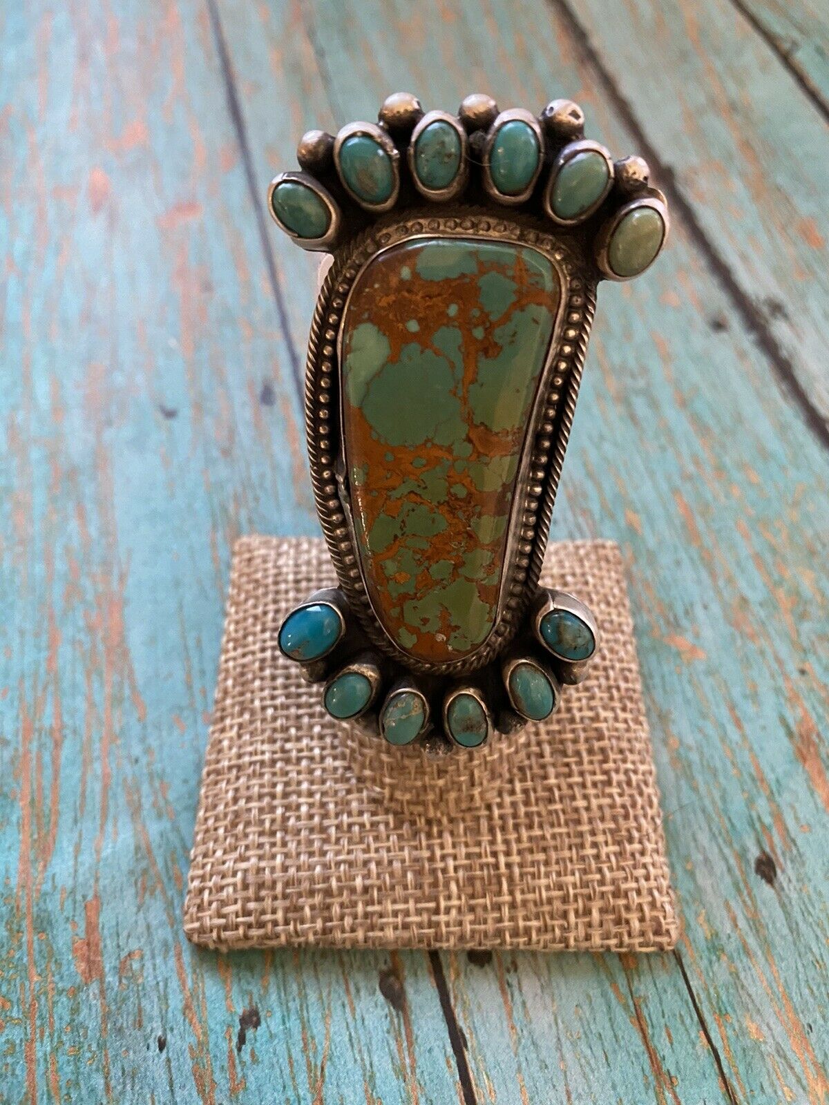 Navajo Sterling Royston And Carico Lake Turquoise Cluster Ring Size 7