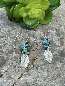 Navajo Sterling Silver & Multi Stone Leaf Dangle Earrings