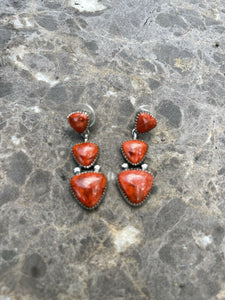 Beautiful Navajo Sterling Silver Apple Coral Triple Triangle Dangle Earrings