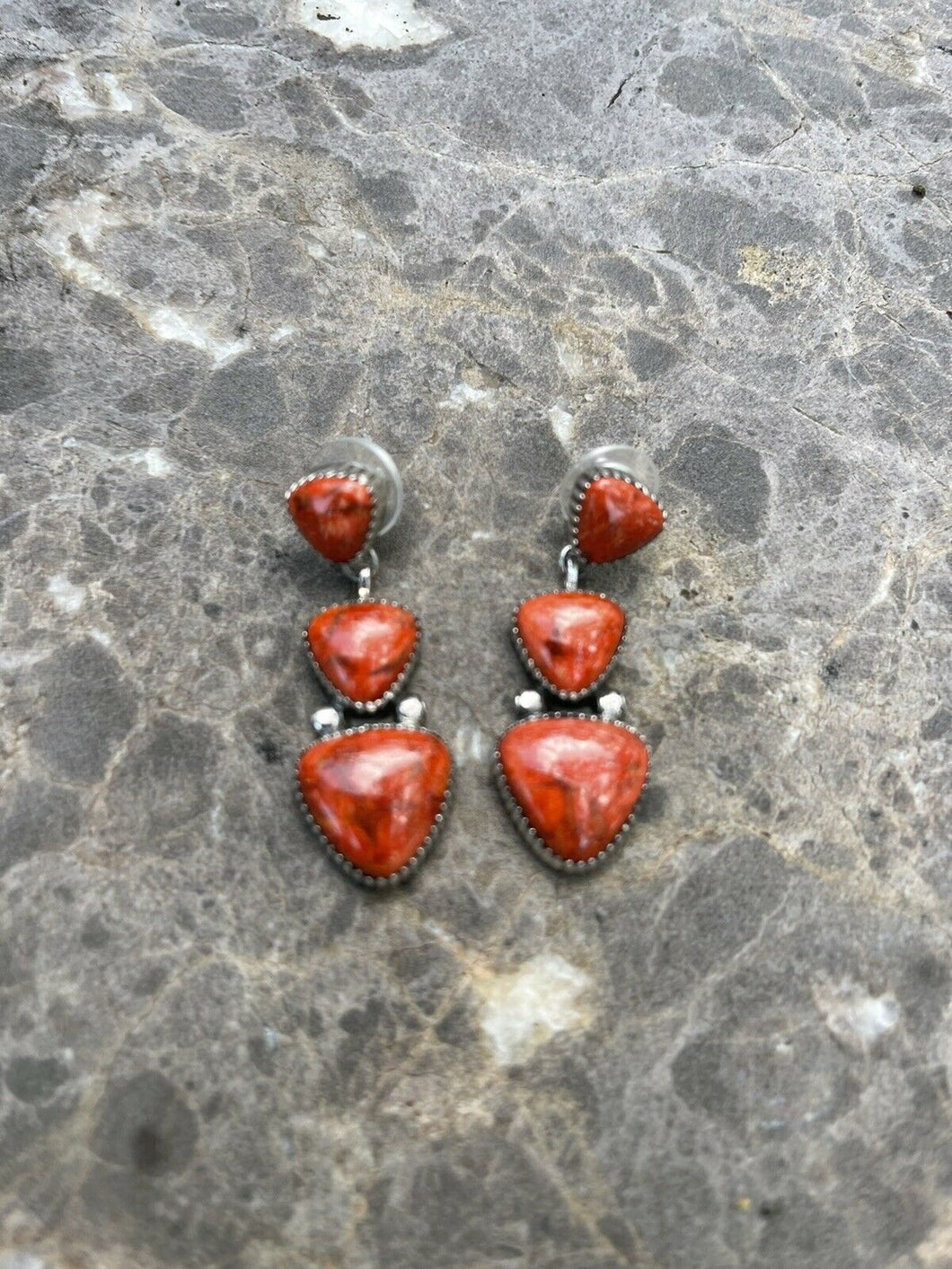 Beautiful Navajo Sterling Silver Apple Coral Triple Triangle Dangle Earrings