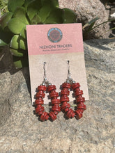 Load image into Gallery viewer, Navajo Sterling Silver Double Bead Apple Coral Dangle Hoop Earrings