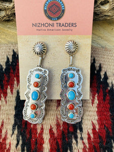 Navajo Natural Coral and Turquoise Cluster Post Earrings