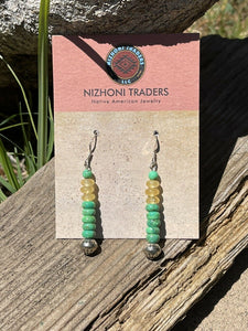Navajo Sterling Silver Golden Quartz and Green Kingman Turquoise Dangle Earrings