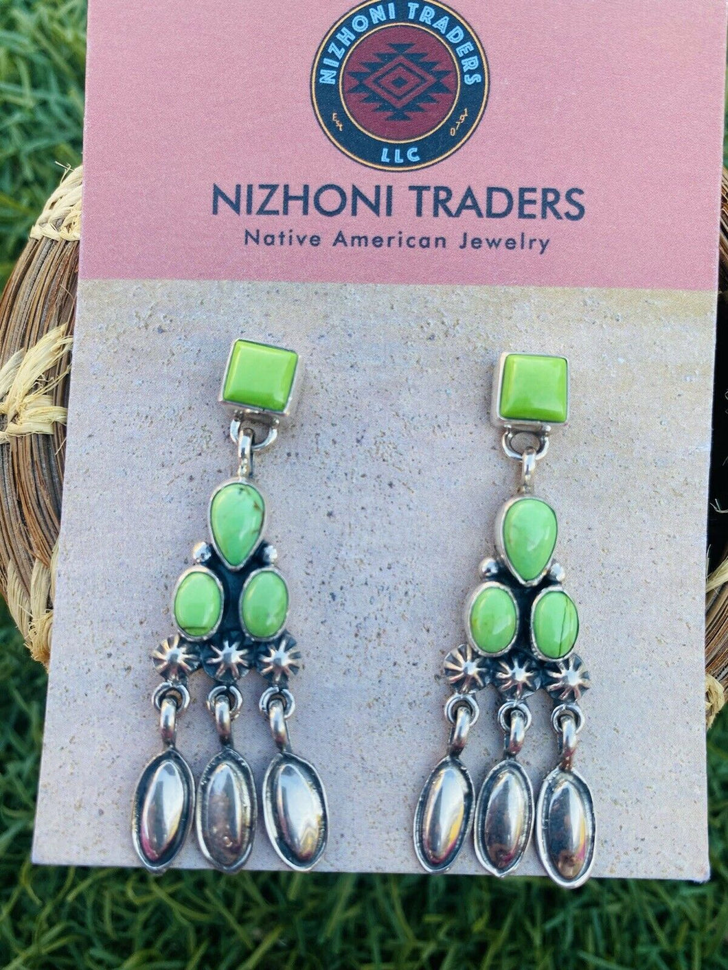 Navajo Sterling Silver & Gaspeite Dangle Earrings