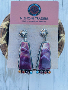 Navajo Sterling Silver, Spiny & Turquoise Dangle Earrings Signed