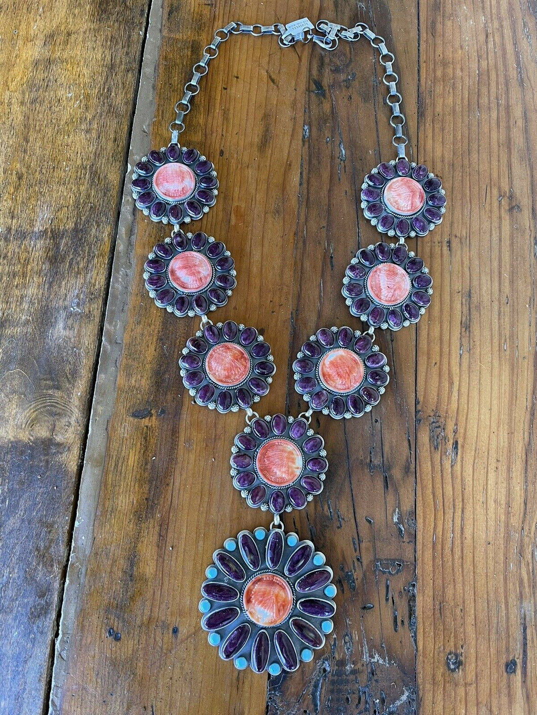Stunning Navajo Sterling Indian Chief Orange & Purple Spiny Turquoise Necklace