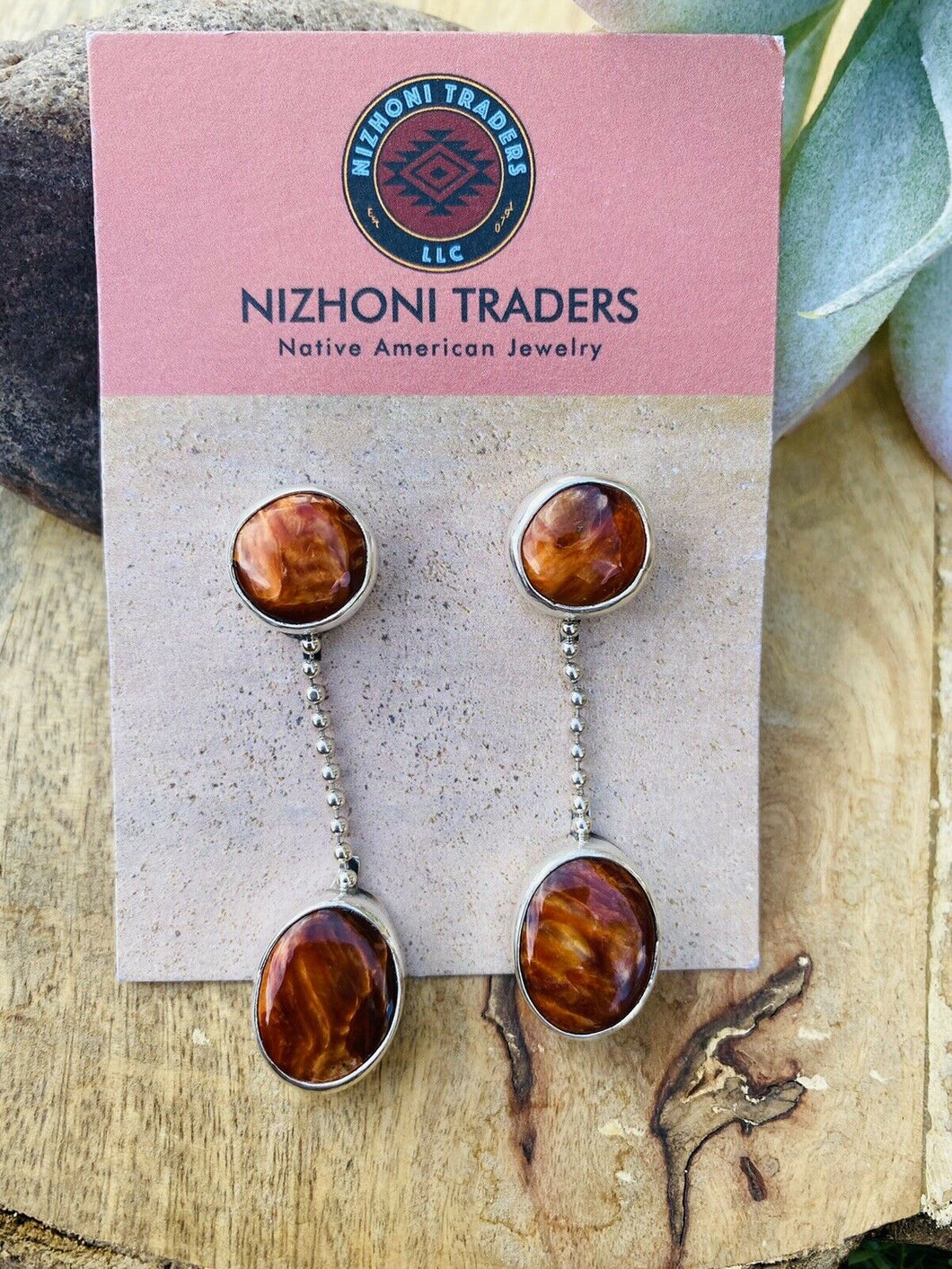 Navajo Sterling Silver & Orange Spiny Oyster Dangle Earrings
