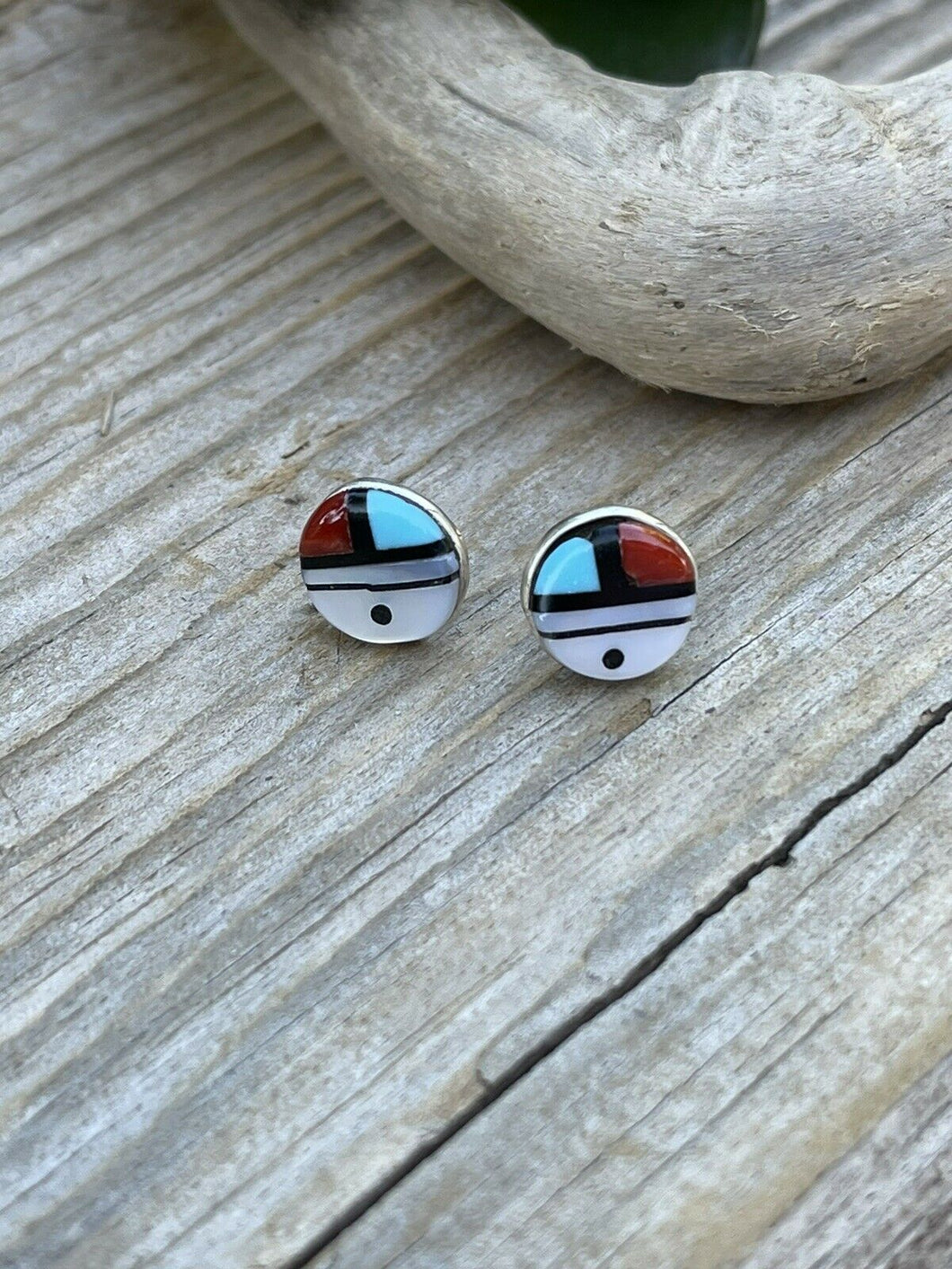 Zuni Sun Face Multi Stone Circle And Sterling Stud Earrings