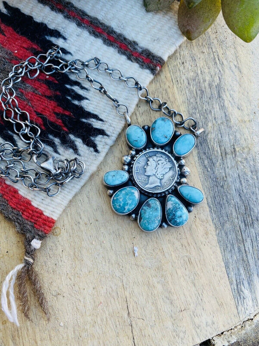 Navajo Sterling Silver & Carico LakeTurquoise Liberty Coin Necklace
