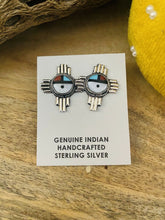 Load image into Gallery viewer, Zuni Sun Face Multi Stone And Sterling Cross Stud Earrings