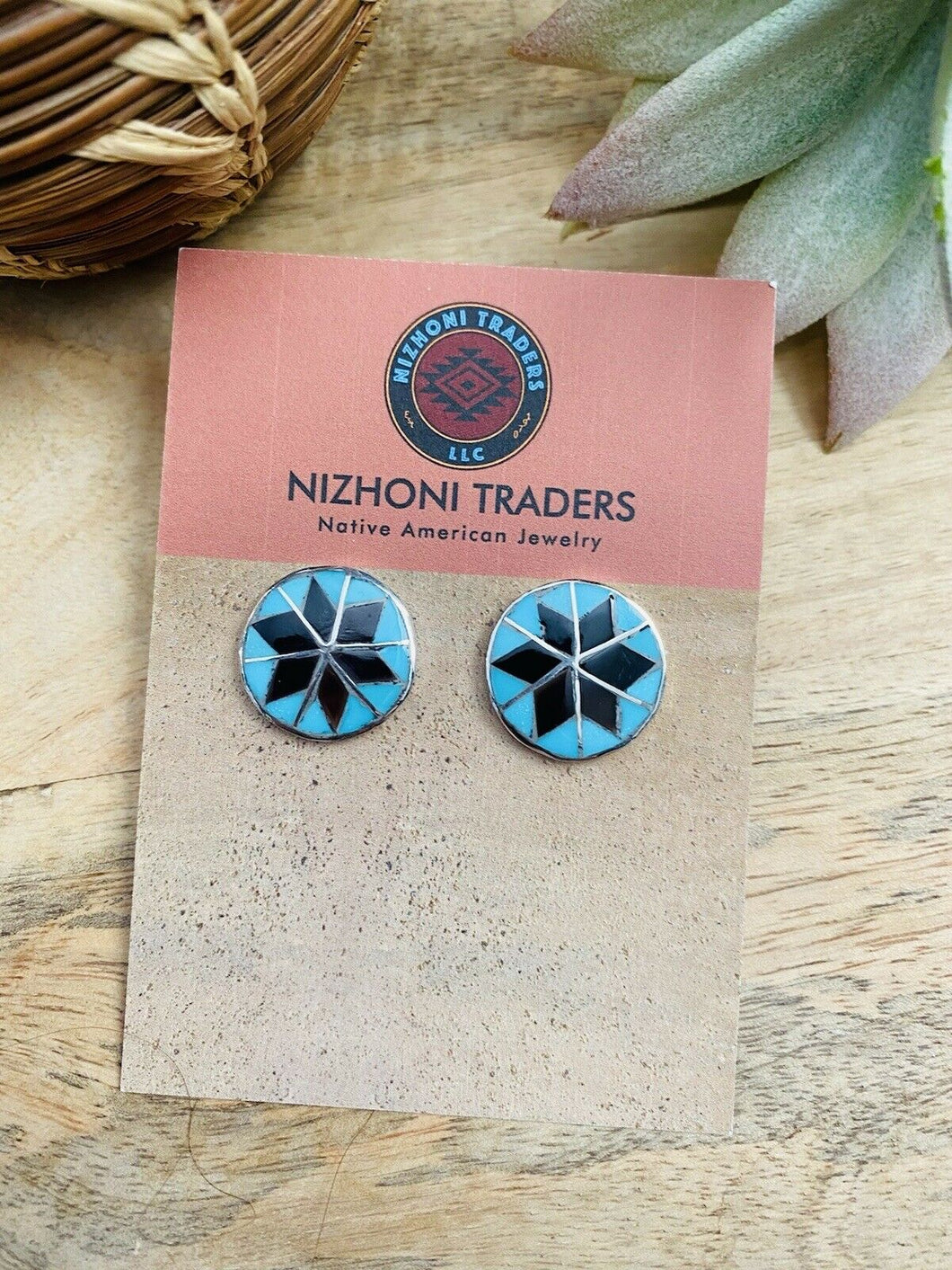 Zuni Sterling Silver, Onyx Turquoise Inlay Stud Earrings